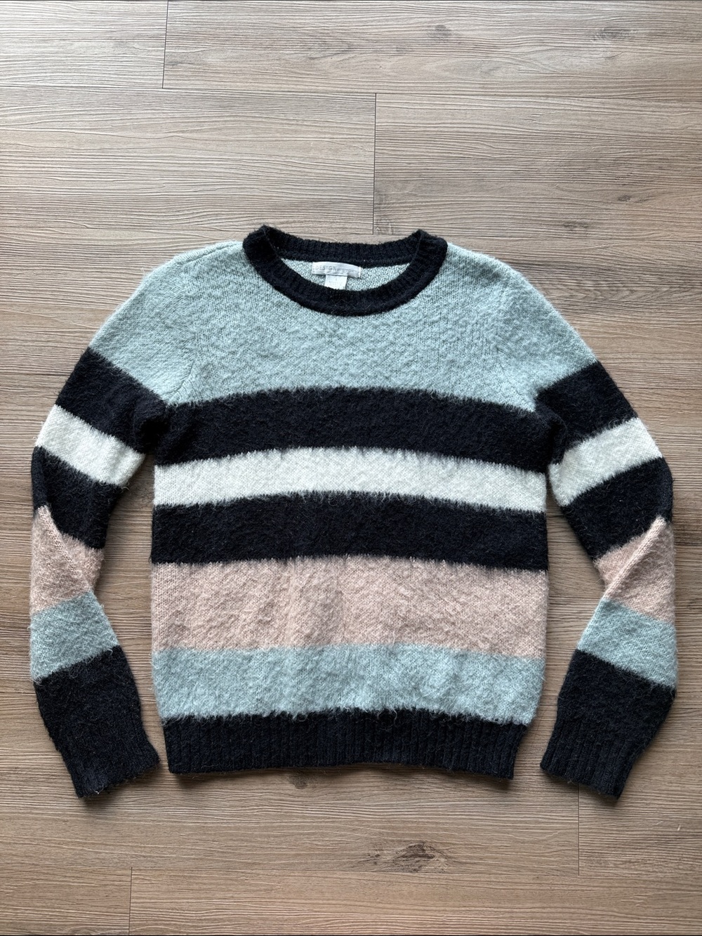 Design History Striped Fuzzy Crewneck Sweater in Mint, Black, Cream & Blush